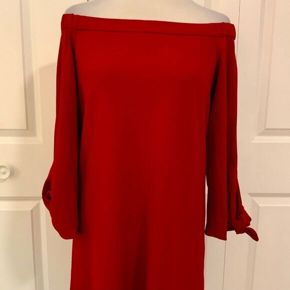TIBI Red Crepe Off Shoulder Tie Sleeve Shift Mini Dress Size 4 - Picture 4 of 12